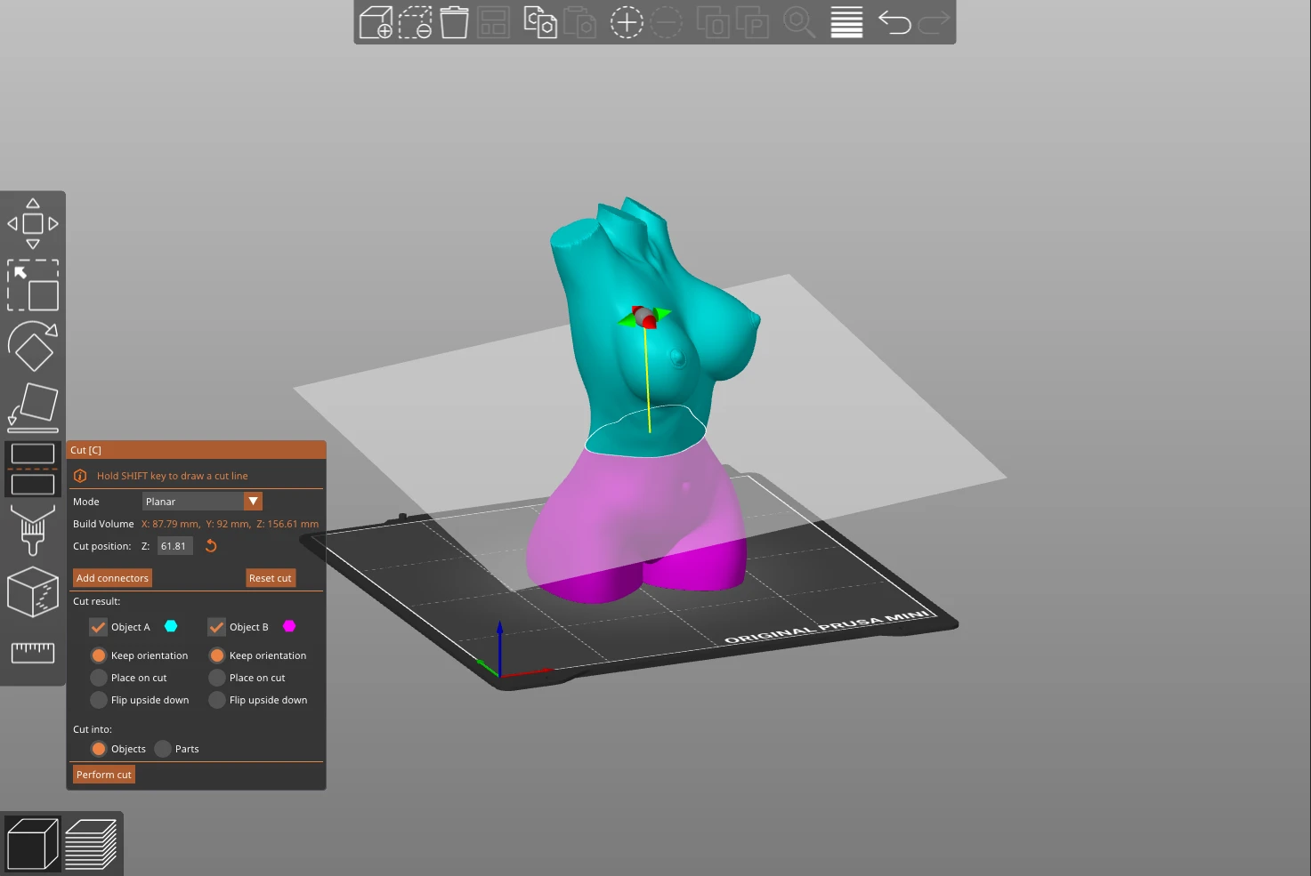 Cut function in prusa slicer